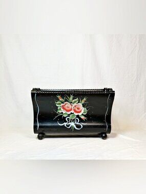 Vintage MCM Black Metal Toleware Hand Painted Roses Floral Magazine Rack